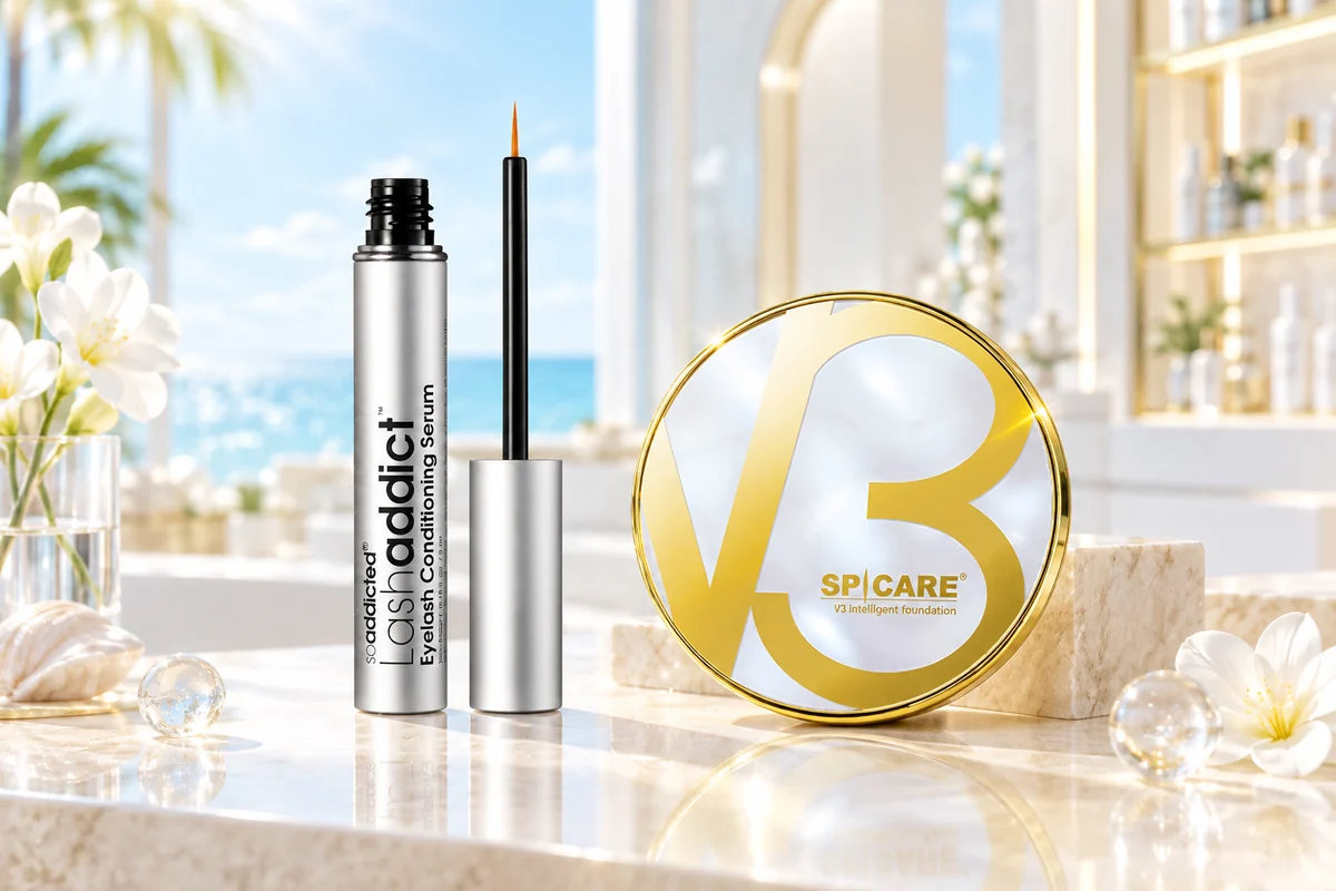 SPICAREのV3ファンデーションとSoAddictedのラッシュアディクトを配した紹介イメージ