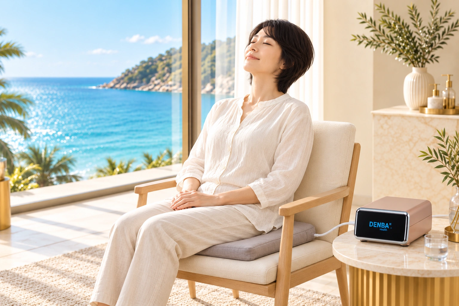 女性が椅子に敷いた座布団状のマットに座り、DENBA Healthを体験しているイメージ