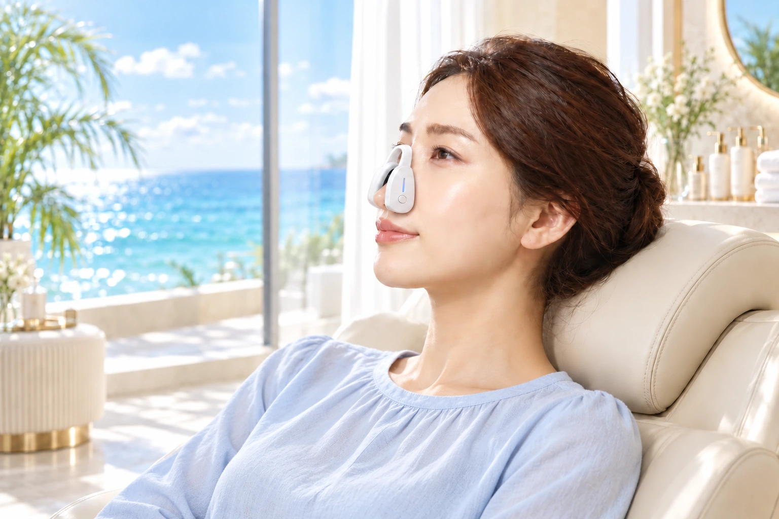 普段着の女性がLUXCEAR Fornez PROを鼻に装着して体験しているイメージ