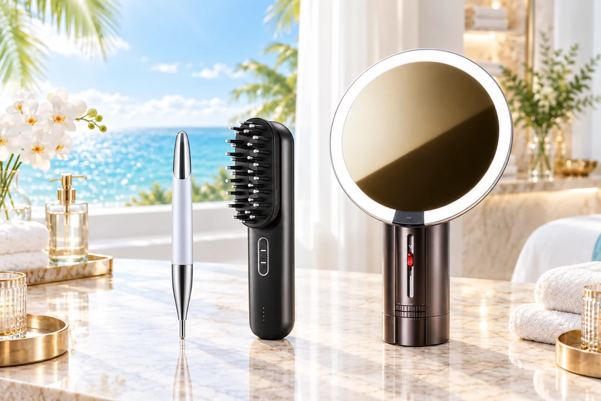 MYTREXの美容機器を海辺のサロンに配した紹介イメージ。掲載モデルは当日の展示を示すものではありません